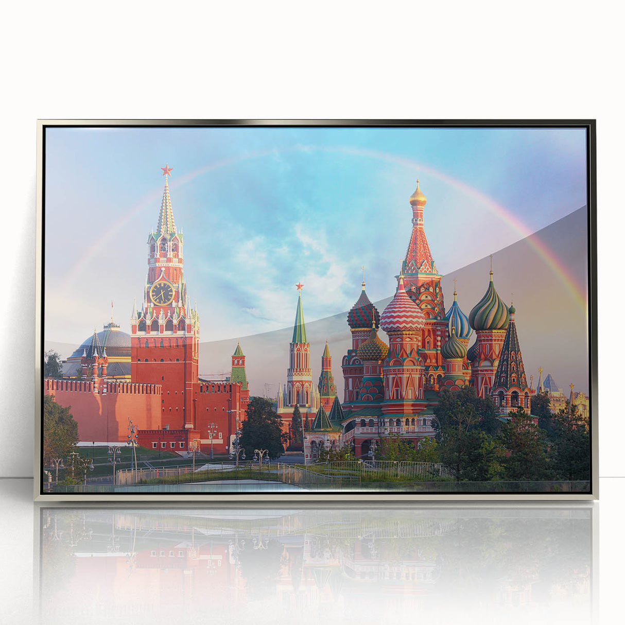 Large art print of Moscow skyline in muted silver and gray tones on framed acrylic, suitable for modern art wall decor.