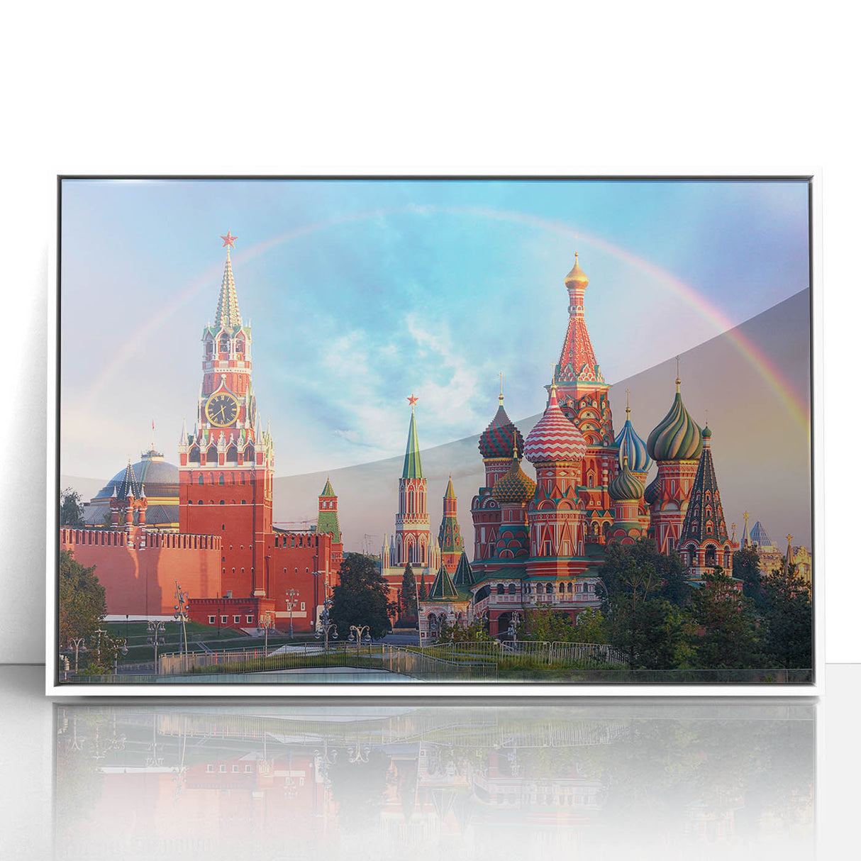 Mid-century modernist art of Moscow skyline in muted gray on white framed acrylic, ideal for nursery wall art.