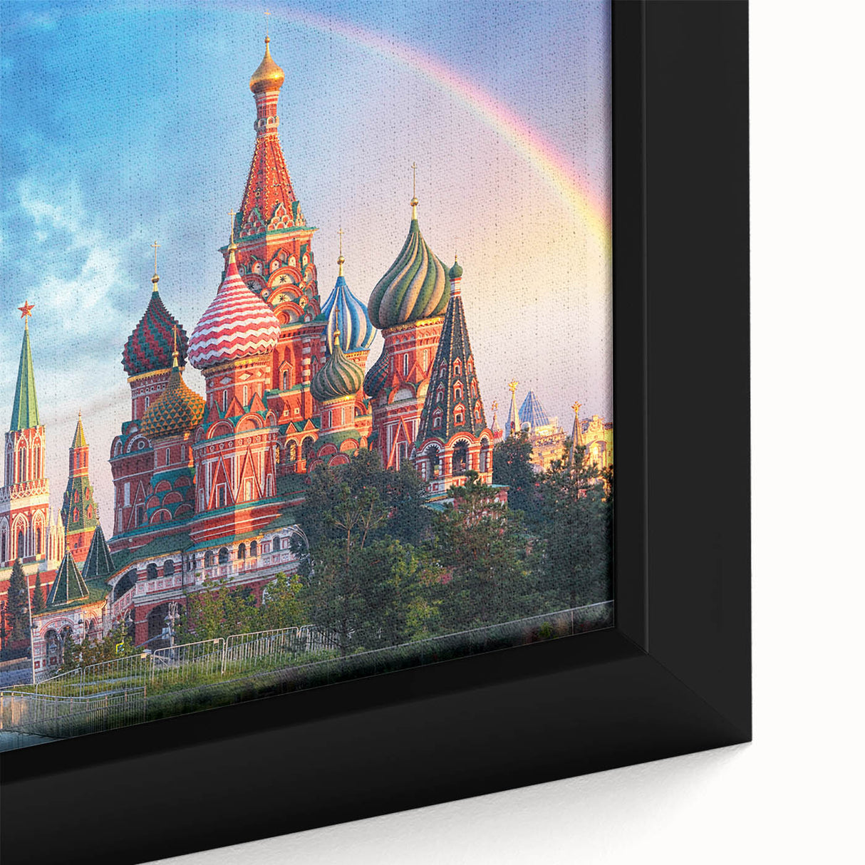 Extra large framed canvas of a textured Moscow skyline in black with colorful highlights, ideal for living room decor.