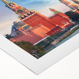 Art deco poster of Moscow skyline in muted gold and black hues on rolled canvas, suitable for dining room wall art.