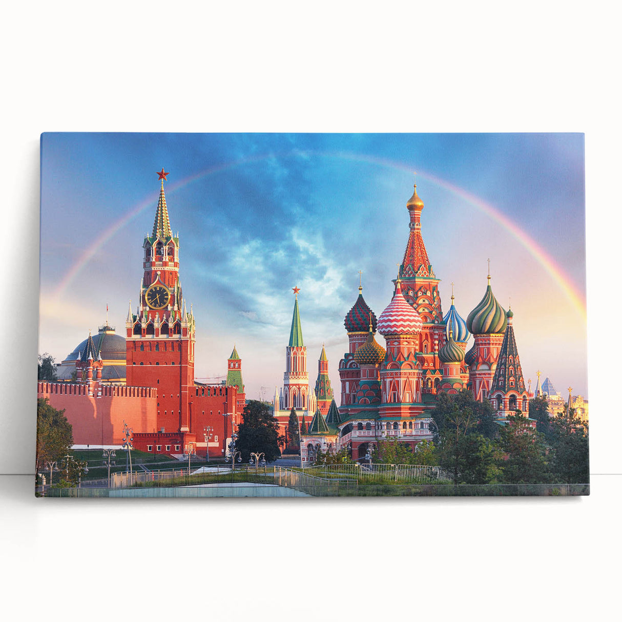 Black and white photo of Moscow skyline on large stretched canvas, ideal for kitchen wall art.