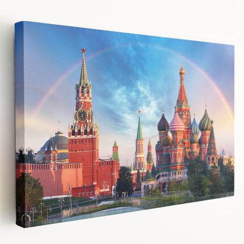 Large art print of Moscow skyline in muted gray and blue tones on stretched canvas, ideal for kitchen wall art.