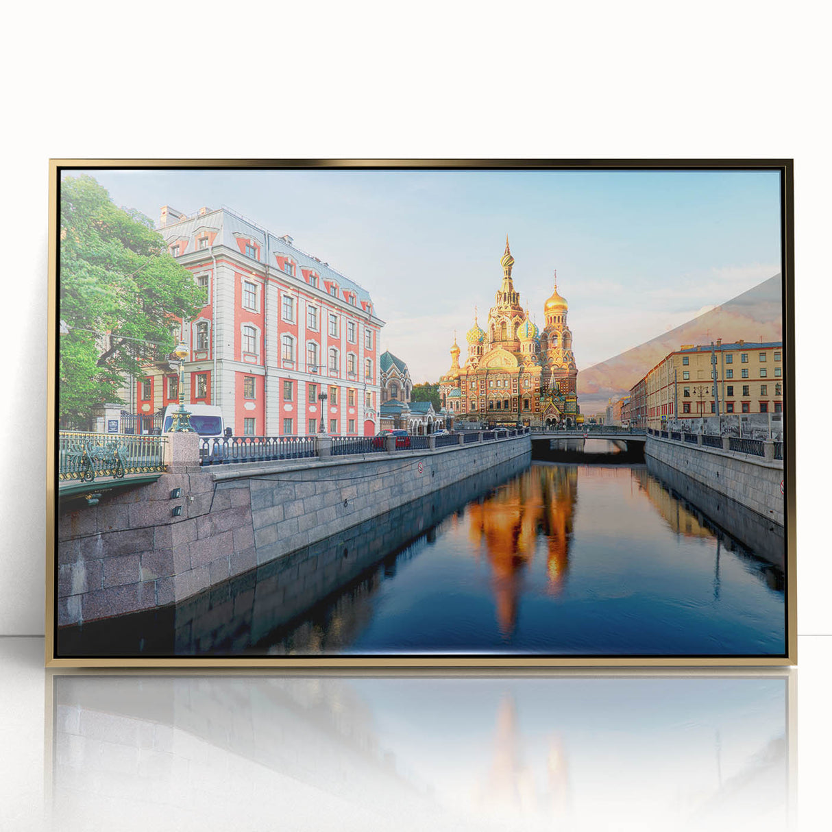 Art deco poster of St. Petersburg scenery in gold and black tones, acrylic print framed, ideal for modern art wall decor.