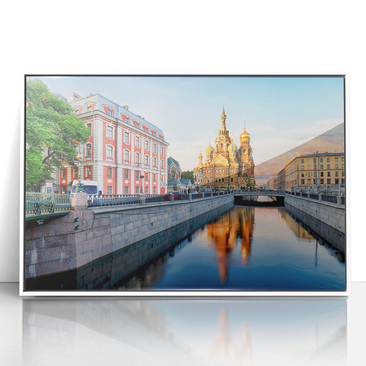 Mid-century modernist art of St. Petersburg scenery in muted pastel colors on a framed acrylic, ideal for nursery wall art.
