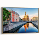 Framed canvas of a vintage-style landscape painting of Saint Petersburg, with muted gold and black tones.
