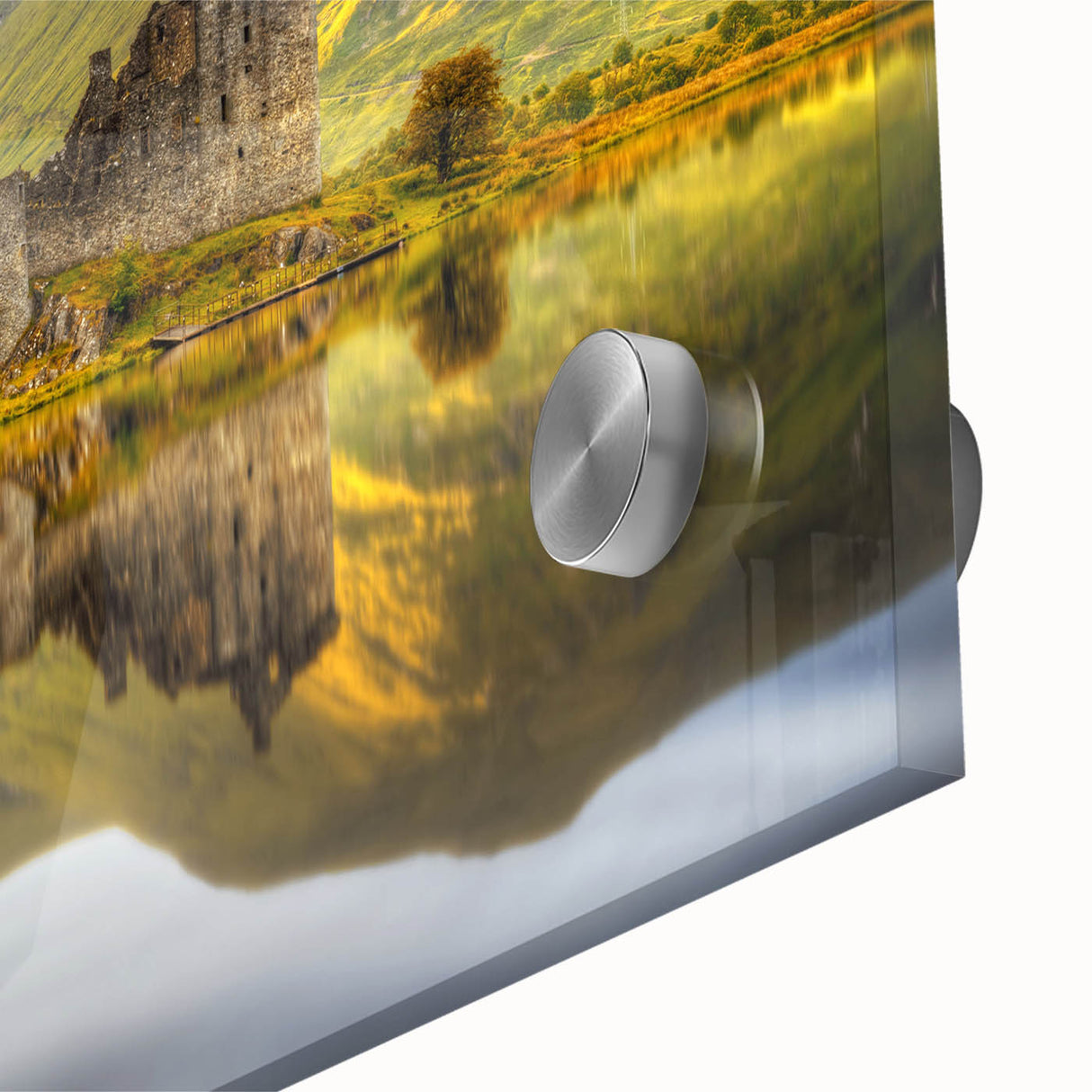 Large abstract wall art depicting a Scottish landscape in muted earth tones on acrylic glass, ideal for dining room decor.