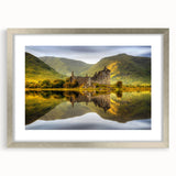 Extra large abstract art print of a textured Scottish landscape in muted earth tones, framed in silver.