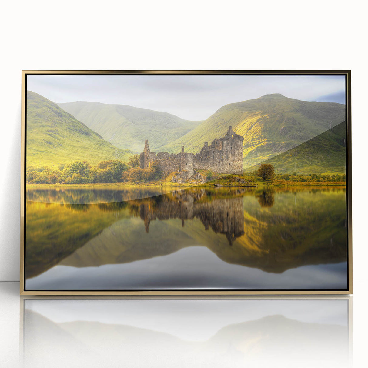 Art Deco-style poster of a Scottish landscape, featuring muted green and gold tones on a framed acrylic print.