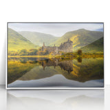 Mid-century modernist art depicting a serene Scottish landscape in muted earth tones, framed acrylic.