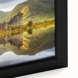 Extra large framed canvas featuring a textured depiction of a Scottish landscape in black with colorful art accents.