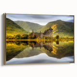 Framed canvas featuring a vintage-style Scottish landscape in muted gold and black tones, ideal for bedroom wall decor.