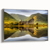 Framed canvas depicting a vintage Scottish landscape in colorful hues, ideal for enhancing a living room or office decor.