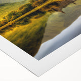 Art deco poster of a European landscape in Scotland, featuring muted earth tones on a rolled canvas.