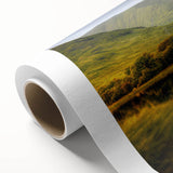 Art deco poster of a serene Scottish landscape on rolled canvas, ideal for nursery wall art or dining room décor.