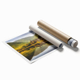 Rolled print of a Scottish landscape with muted green and blue tones, ideal for classy bathroom wall art.