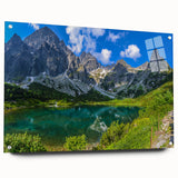 Acrylic print of a European landscape with lush greenery and a distant city, in muted earth tones.