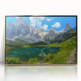 Art deco poster of a European landscape in Slovakia, with muted gold tones, framed in acrylic.