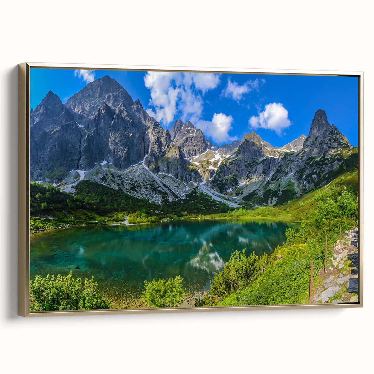Framed canvas landscape painting of a European scenery in muted greens and browns, ideal for bedroom wall art.