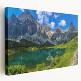 Large stretched canvas featuring a European scenery in natural green and brown tones, ideal for kitchen wall art.