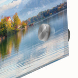 Large abstract wall art featuring a Slovenian landscape in muted earth tones on acrylic glass, ideal for dining room art.