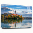 Acrylic print of a Slovenian landscape in muted green and blue tones, ideal for dining room art.