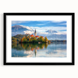 Colorful abstract art print of a European scenery in vibrant hues, textured on a large framed canvas.