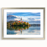 Abstract art print of a Slovenian landscape in muted earth tones on a framed silver mat, suitable for dining room decor.