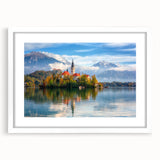 Extra large abstract art print depicting a textured European scenery in muted earth tones, framed in white.