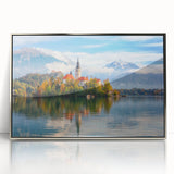 Art deco poster featuring a serene Slovenian landscape in muted green and blue tones, framed in silver acrylic.