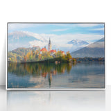 Mid-century modernist landscape of Slovenia in muted green and blue hues, white framed acrylic print.