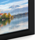 Extra large framed canvas featuring a textured depiction of a Slovenian landscape in primarily black with colorful accents.