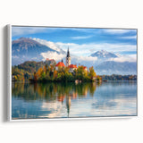 Framed canvas of a vintage-style Slovenian landscape in muted earth tones, ideal for bedroom wall art.