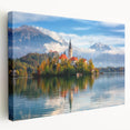 Large canvas print of a European landscape in muted green and blue tones, ideal for kitchen wall art.