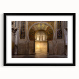 Colorful abstract art print of Andalusian scenery in vibrant hues on a large textured canvas, framed in black.