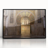 Large abstract wall art of Andalucian scenery in muted earth tones, framed in black acrylic.