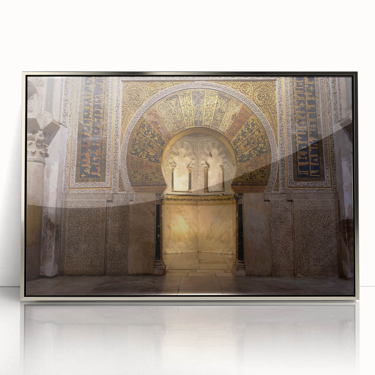 Art deco poster of Andalucia, Spain scenery in muted earth tones on silver-framed acrylic, ideal for modern art wall decor.