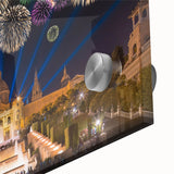 Large abstract depiction of Barcelona scenery in muted earth tones on acrylic glass.