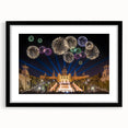 Abstract art print of Barcelona scenery in vibrant colors on a large framed canvas, ideal for living room decor.