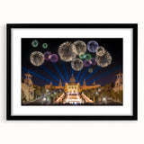 Abstract art print of Barcelona scenery in vibrant colors on a large framed canvas, ideal for living room decor.