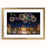 Abstract art print of Barcelona scenery in muted gold and blue tones on a framed canvas, suitable for dining room decor.