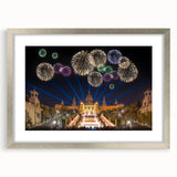 Extra large abstract art print of Barcelona scenery in silver frame, featuring textured blue and gray tones.