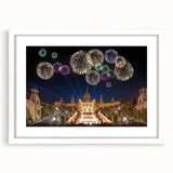 Textured abstract art print of Barcelona scene in muted earth tones on a framed white mat, ideal for bedroom art.