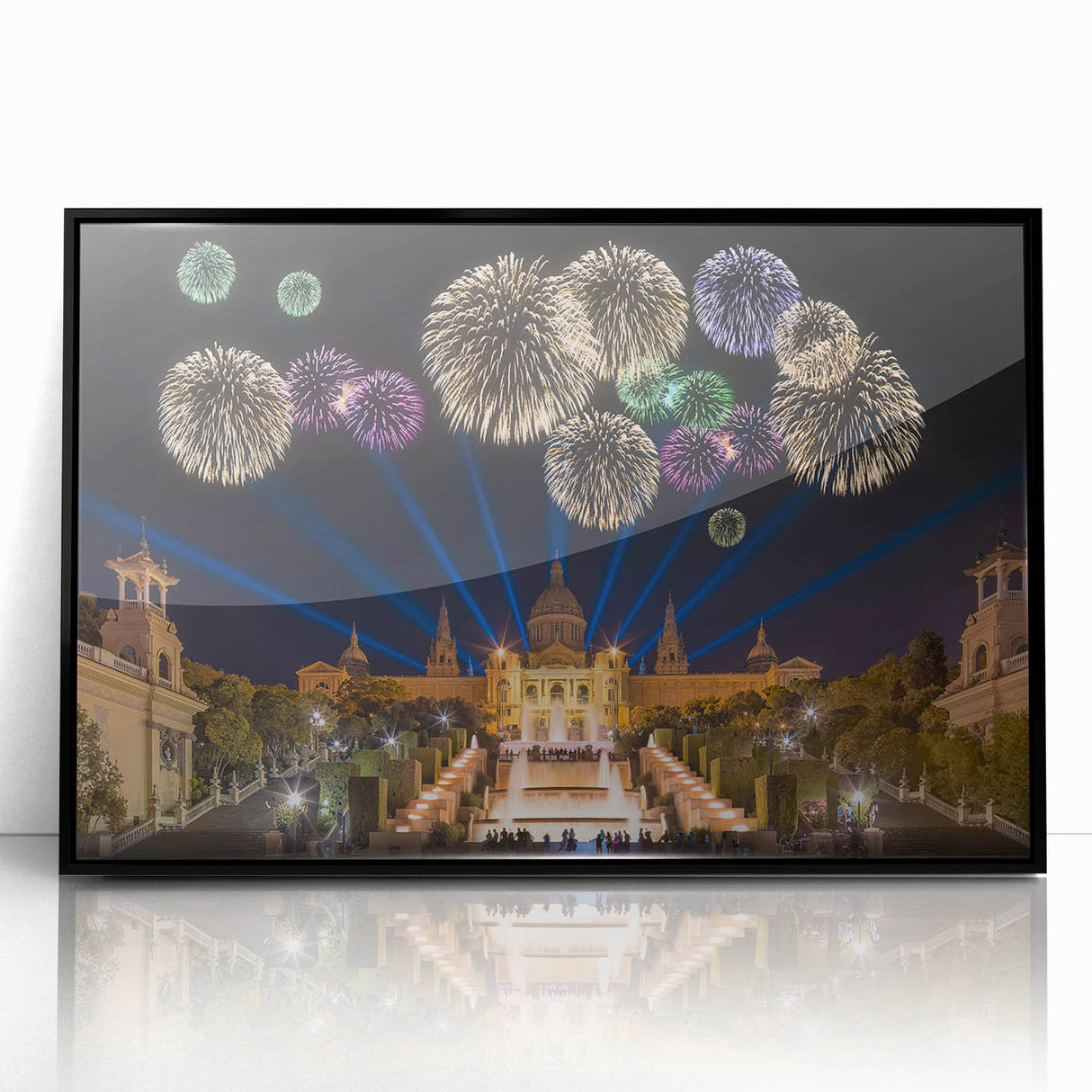 Large abstract wall art of Barcelona skyline in muted gray and blue tones on framed acrylic.