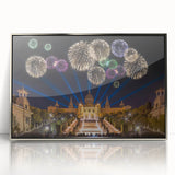 Large art print of Barcelona scenery in mid-century modernist style, silver-framed acrylic.