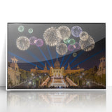 Mid-century modernist art of Barcelona skyline in muted gray and blue tones on a framed acrylic, ideal for nursery wall art.