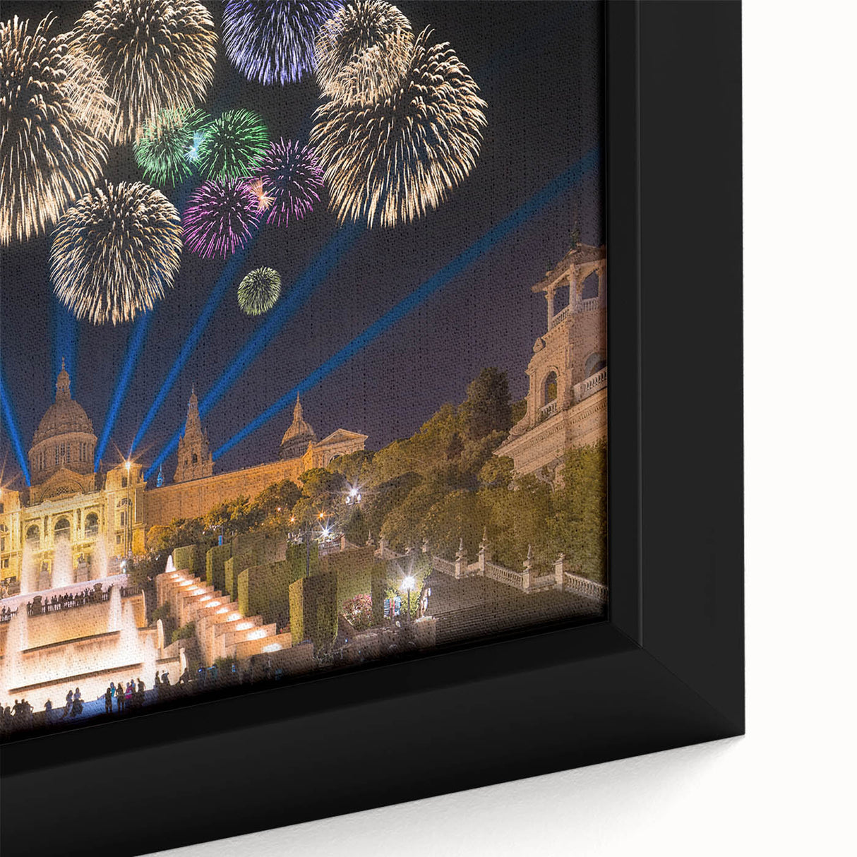 Extra large framed canvas featuring a textured depiction of Barcelona with a black and colorful art palette.