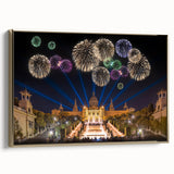 Framed canvas of a vintage Barcelona landscape in black and gold tones, ideal for bedroom wall art.