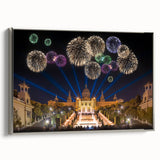 Landscape art painting of Barcelona featuring colorful buildings and a black sky, on a framed canvas.