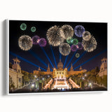 Vintage poster art of Barcelona with colorful accents on a large framed canvas, ideal for living room decor.