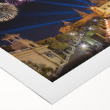 Art deco poster of Barcelona scenery in muted earth tones on rolled canvas, suitable for dining room decor.